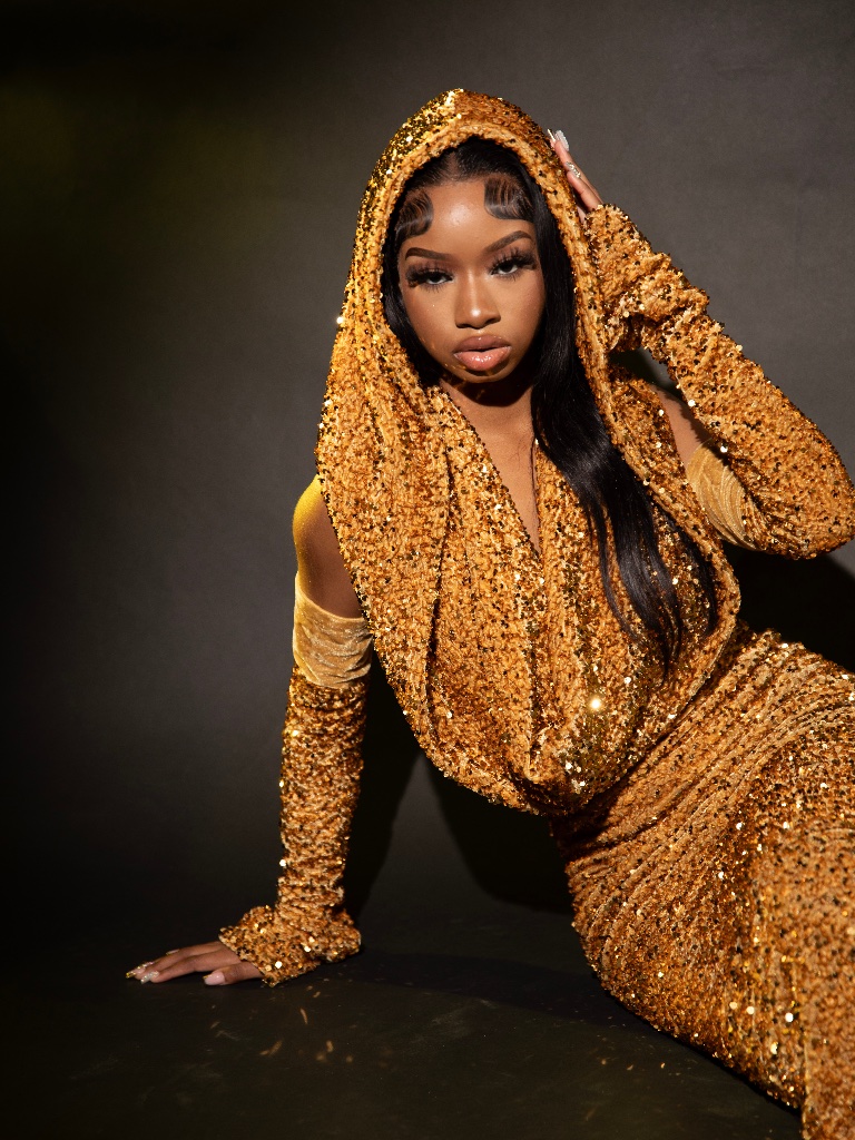 Gold Sequin Hooded Gown | Luxury Evening Dress | Size M